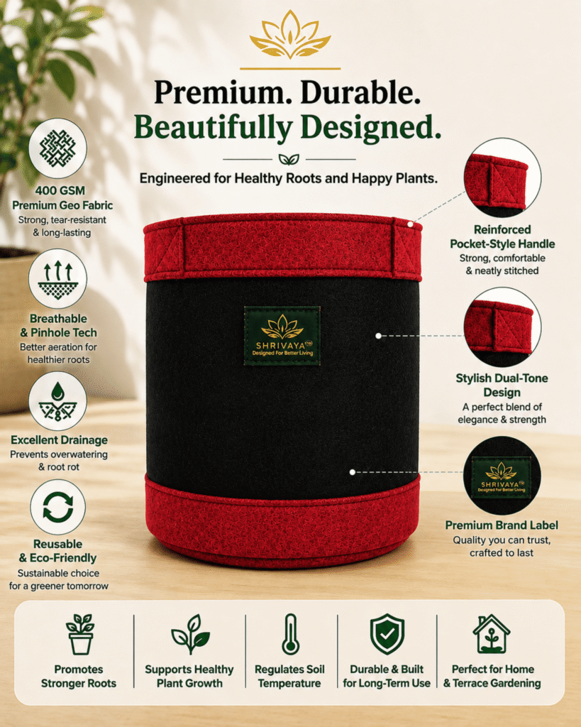 Shrivaya dual-tone fabric grow bag with its design features labelled