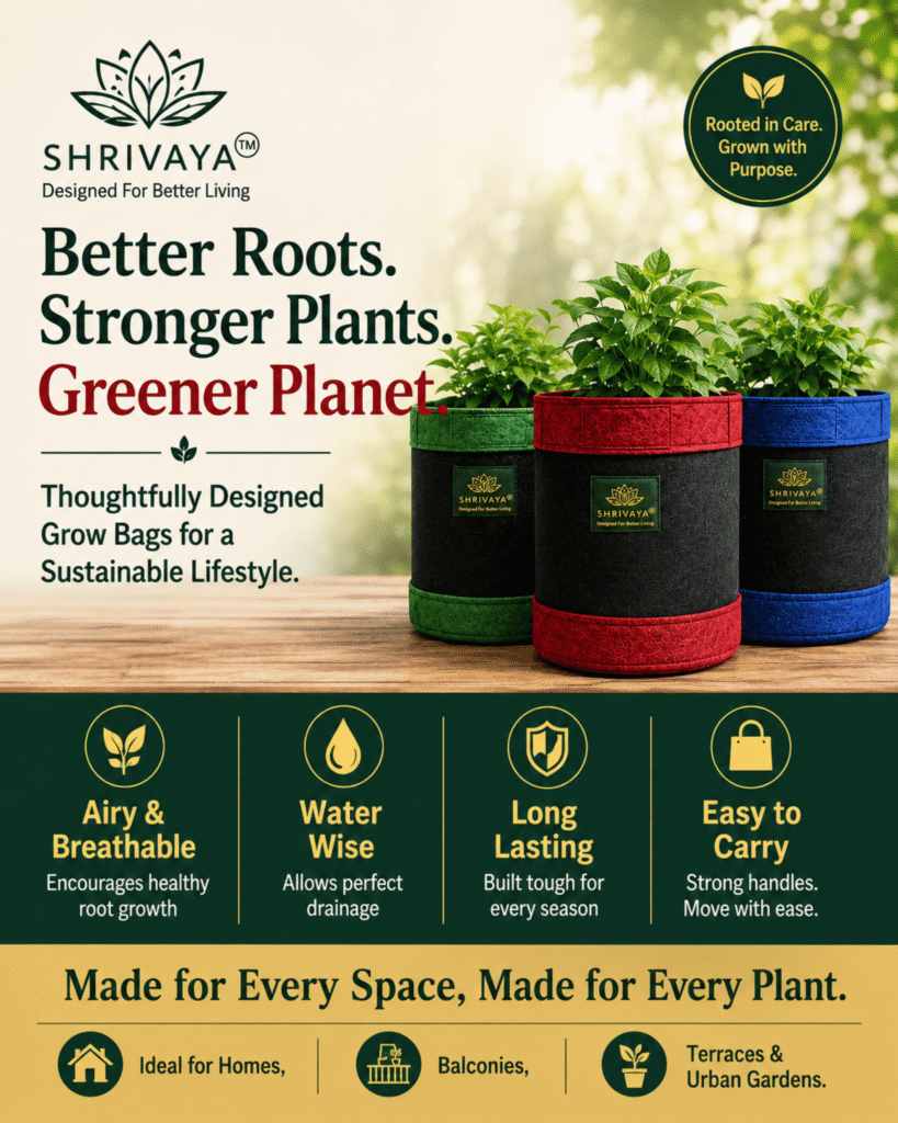 Shrivaya geo fabric grow bags with healthy plants: better roots, stronger plants