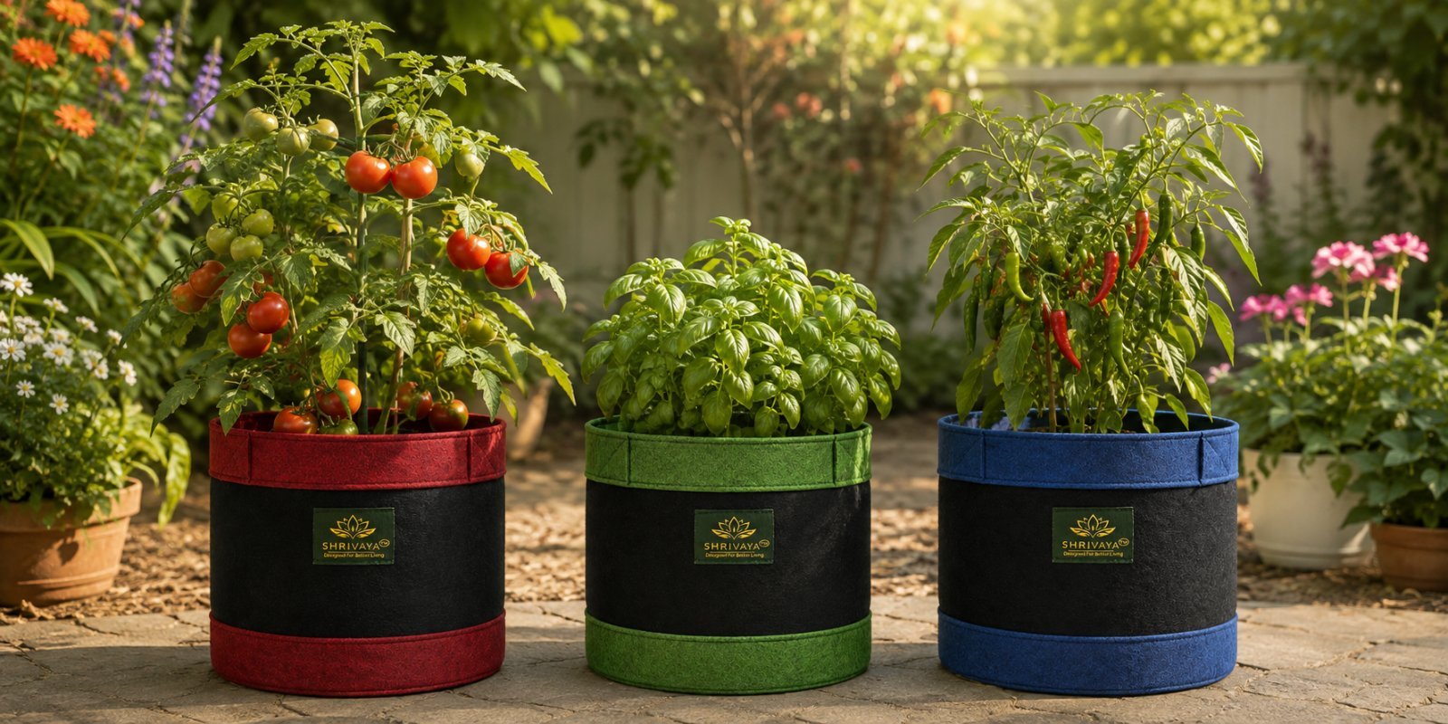 Shrivaya Premium Fabric Grow Bags — thriving plants in Terracotta and Garden Green grow bags