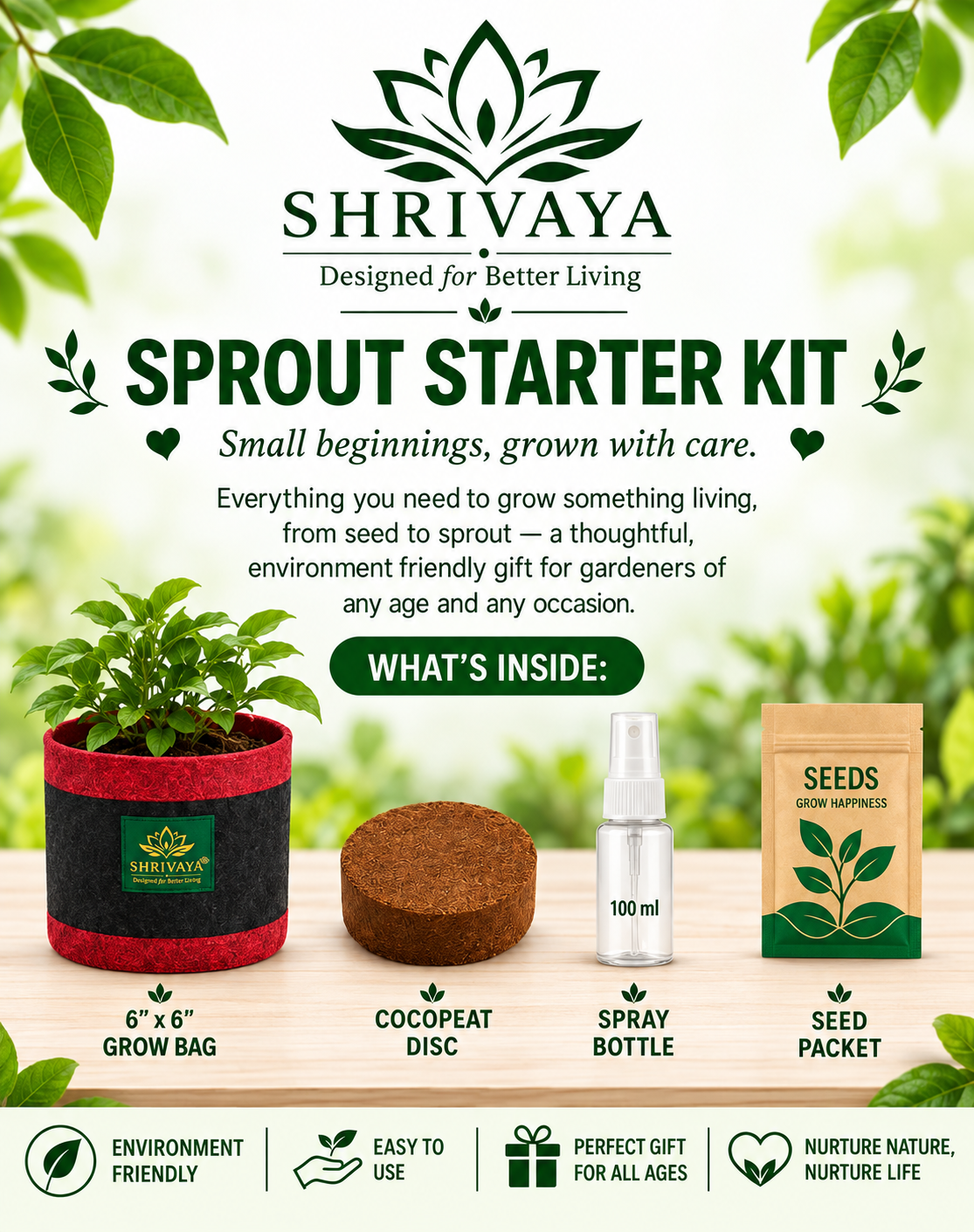 Shrivaya Sprout Starter Kit — grow bag, cocopeat disc, spray bottle, and seeds